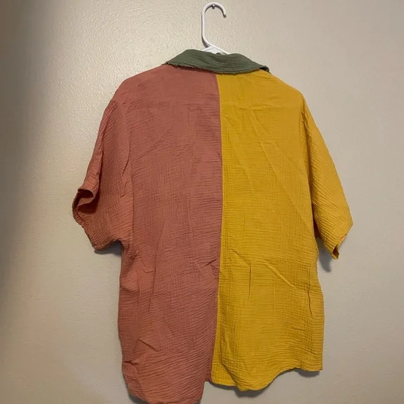 Three Bird Nest Pink and Yellow Button Down Shirt - Picture 3 of 3